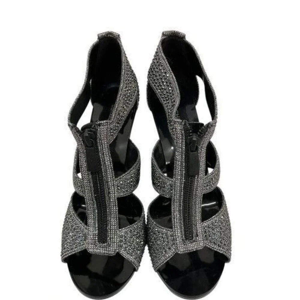 MICHAEL KORS WOMENS BLACK GLITTER BERKLEY T STRAP ZIP UP SANDALS NIB SIZE 9.5 M